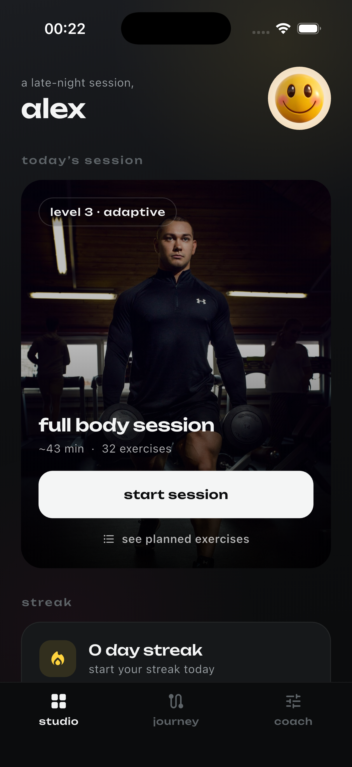 wandelbar studio screen showing today's adaptive full body session