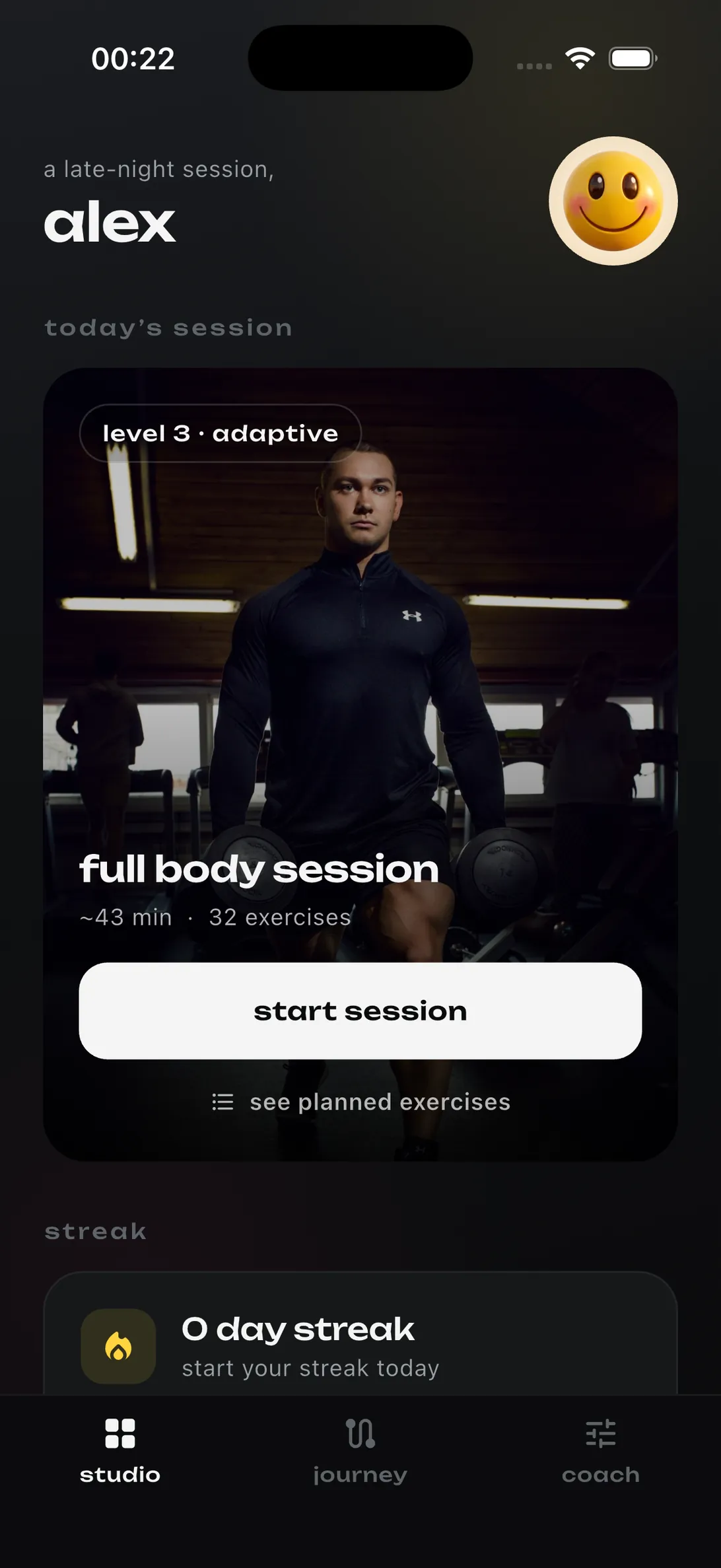 wandelbar studio screen showing today's adaptive full body session
