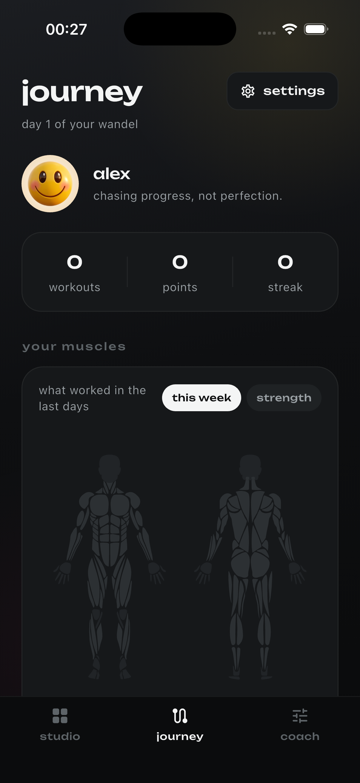 wandelbar journey screen with workout stats and muscle map