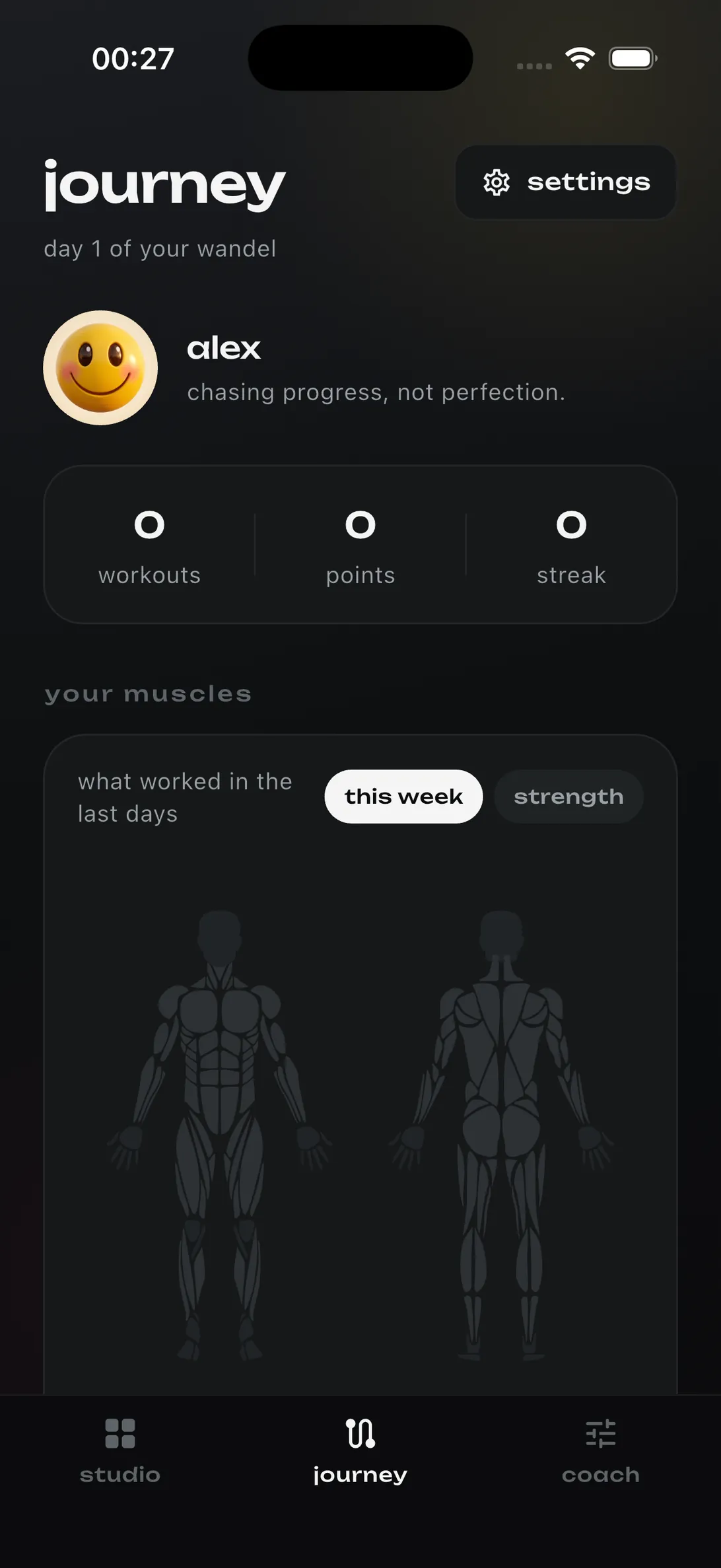 wandelbar journey screen with workout stats and muscle map