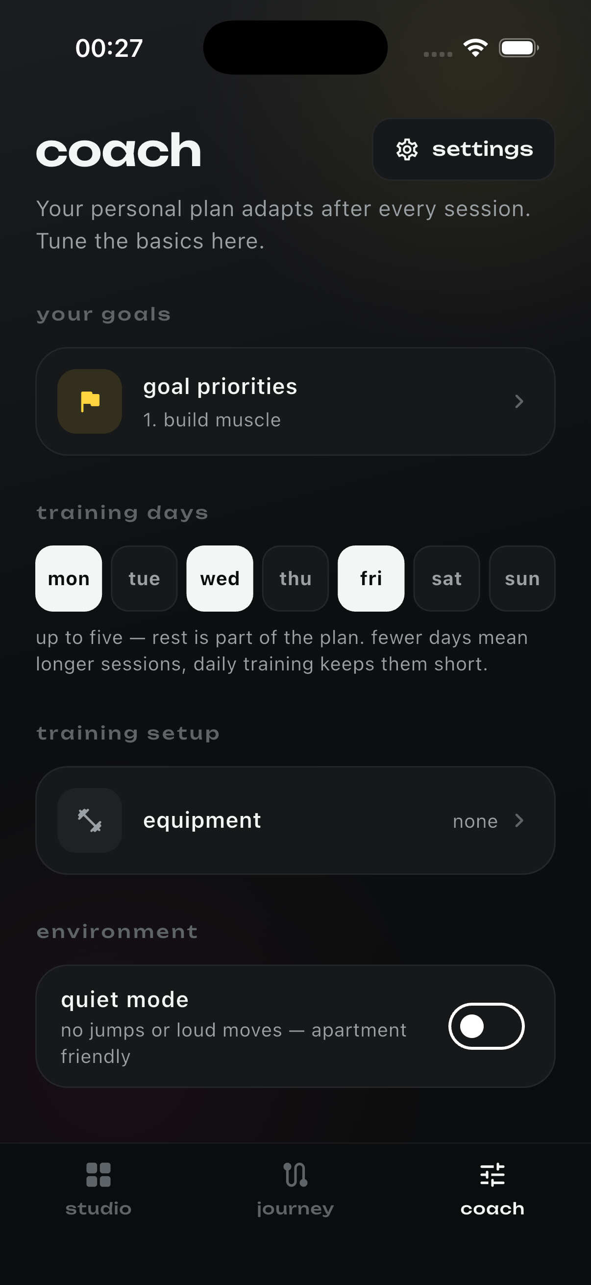 wandelbar coach screen with goals, training days and equipment