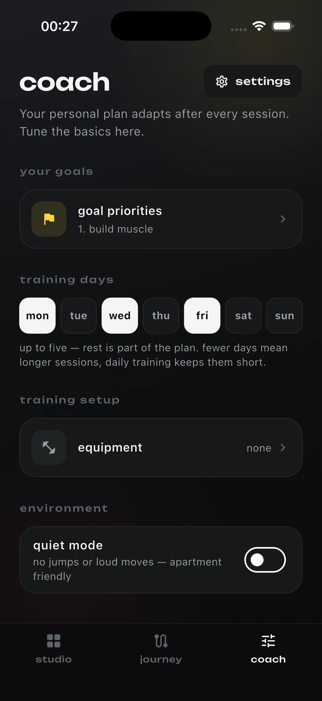 wandelbar coach screen with goals, training days and equipment