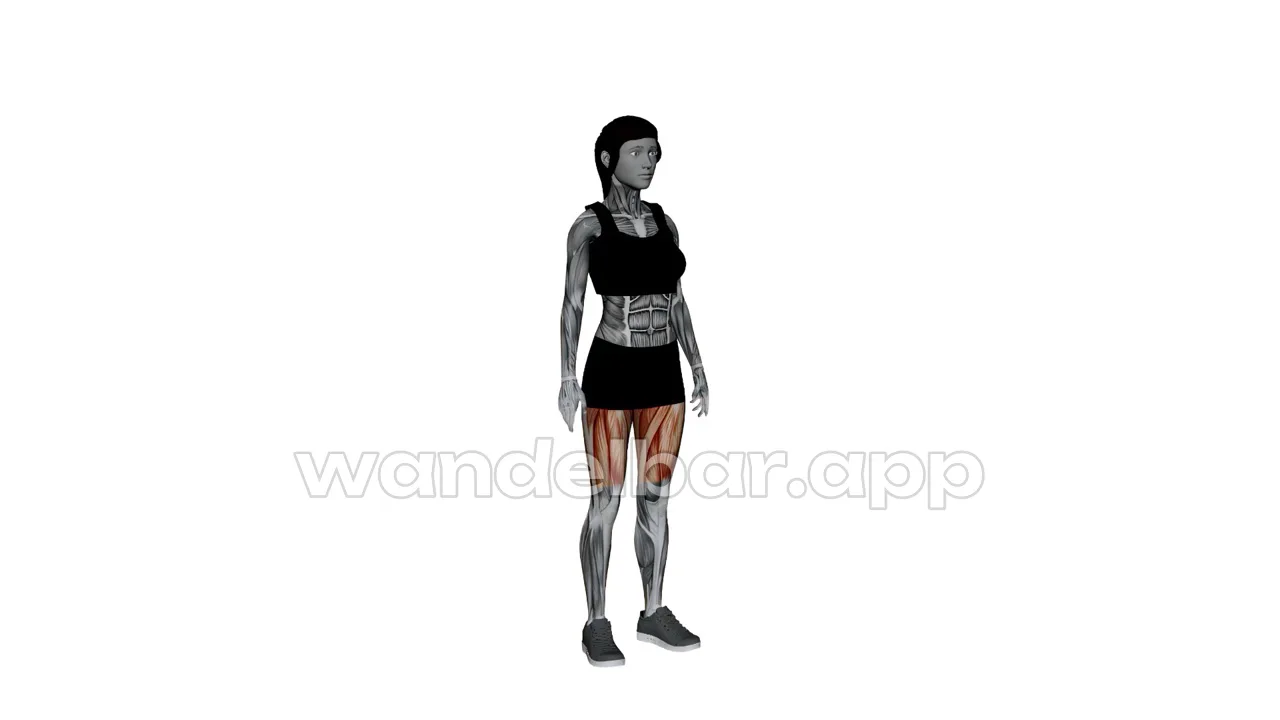 chair pose: knees bent, hips back, arms raised overhead, chest lifted