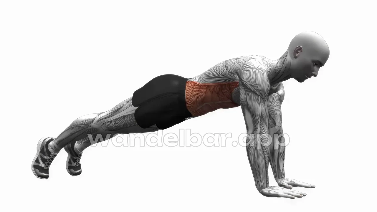 high plank: arms straight, wrists under shoulders, body straight head to heels