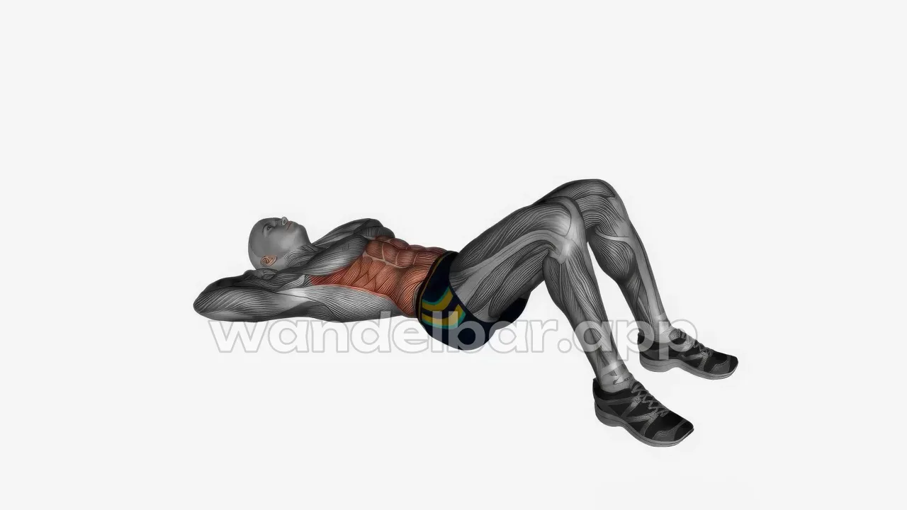 oblique crunches: knees bent, one shoulder lifted and rotated toward opposite knee