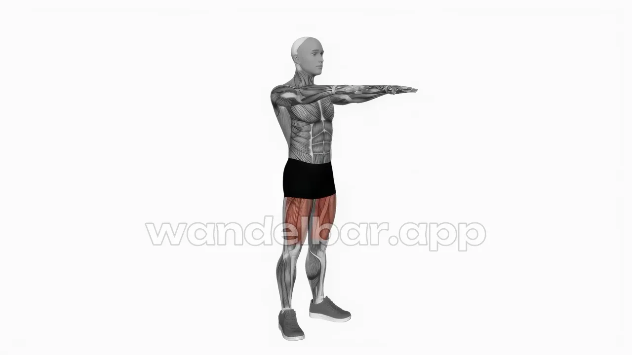 pulse squats low position: thighs near parallel, arms forward, chest lifted, heels flat