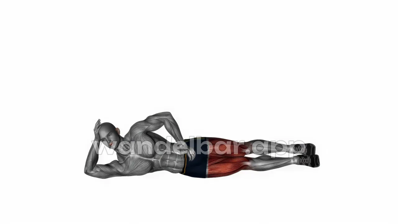 side-lying leg lifts: top leg raised about 35 degrees, hips stacked