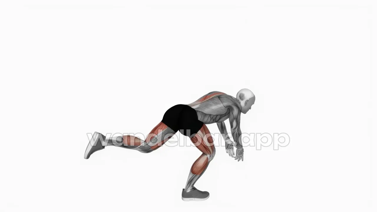 single-leg deadlift mid-rep: torso and back leg level with the floor, standing knee soft