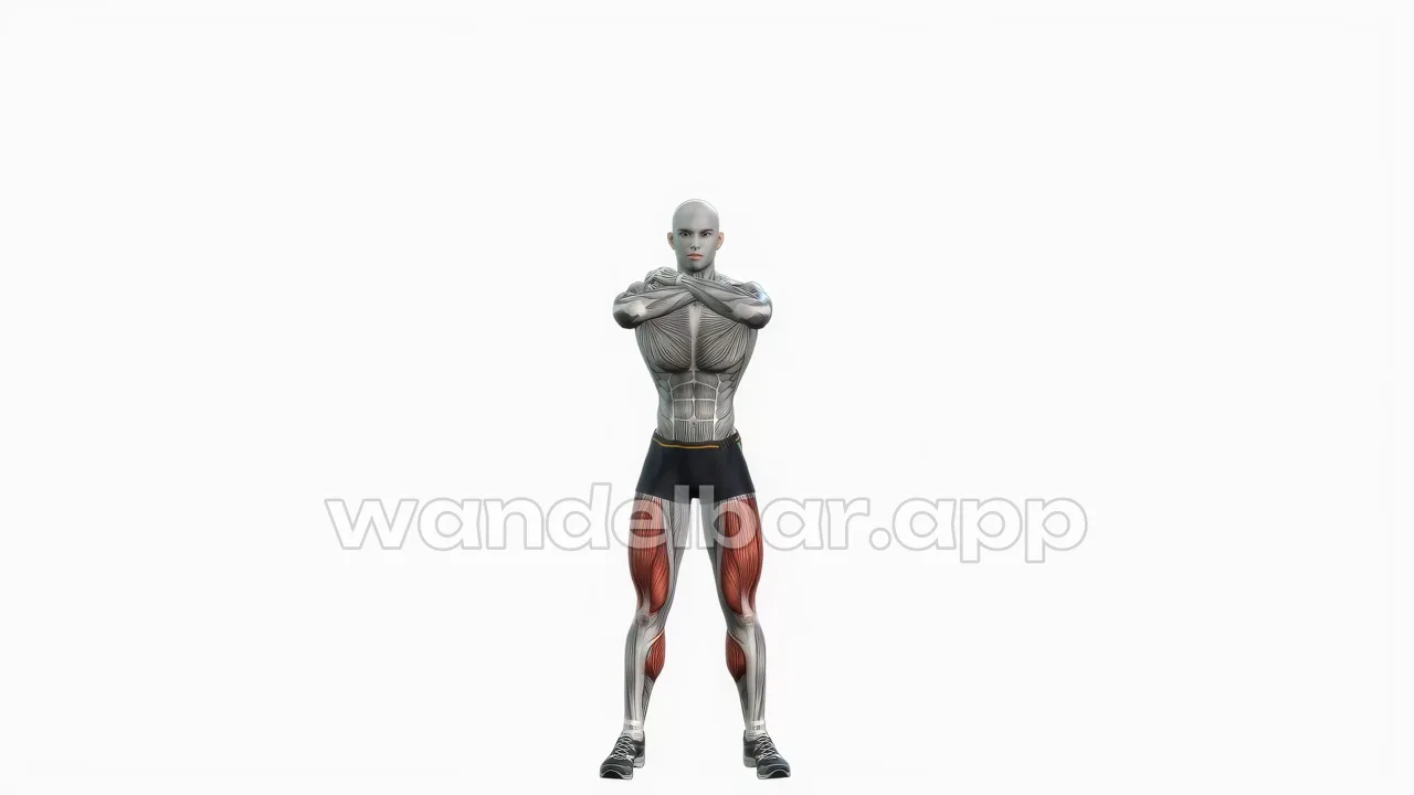 squat hold at depth: thighs parallel, arms crossed on chest, knees over toes